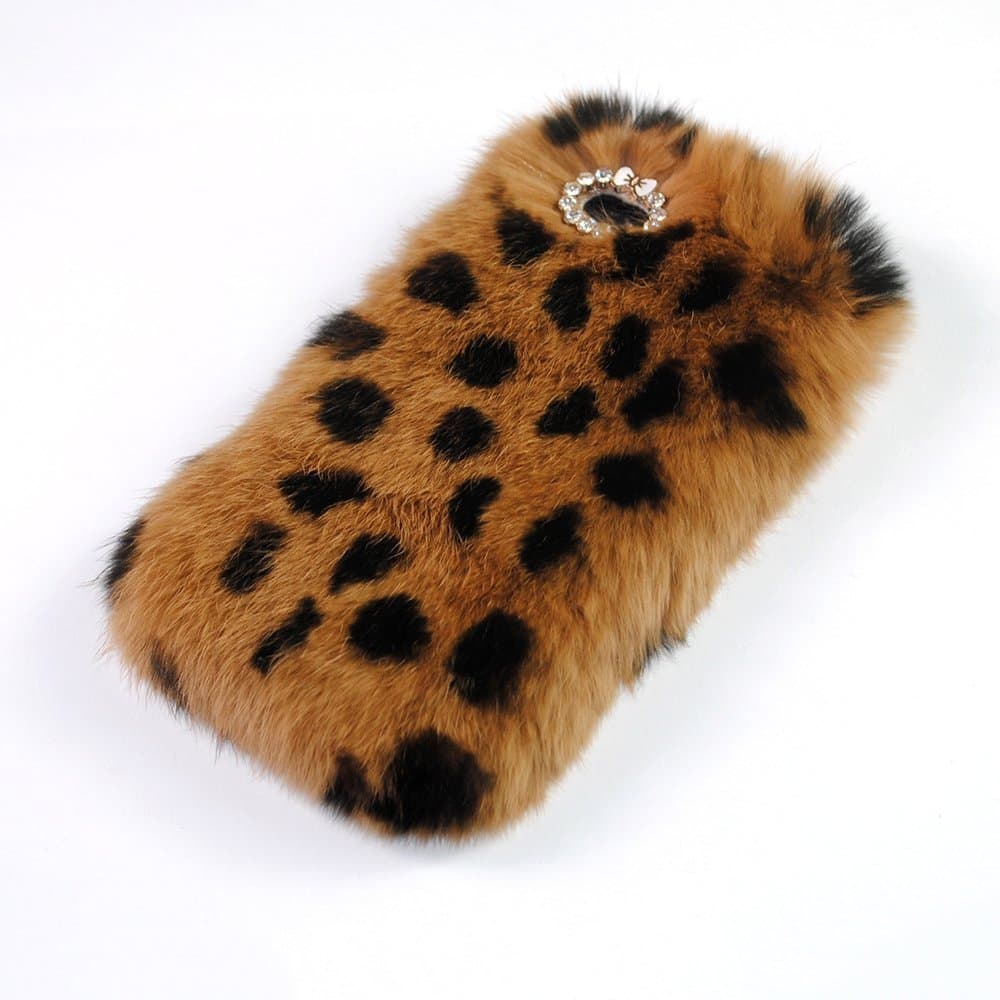 iPhone 5C Case, Leopard Print Bling Diamond Fluffy Cover [Genuine Rex Rabbit Fur Case] Winter Wammer Handmade Soft Crystal Case Caselo 3 Pieces Accessories For iPhone 5C (ONLY FIT for iPhone 5C), Extremely Luxury Bling Cover + Free Stylus Pen + Free Screen Protector Film + Free Unique Caselo Butterfly Earphone Jack Plug - Red and White