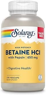 Solaray High Potency Betaine HCL with Pepsin - Hydrochloric Acid Supplement for Digestive Health - with Betaine Hydrochloride and Digestive Enzymes - Gut Health Support - 60-Day Guarantee, 275 VegCaps