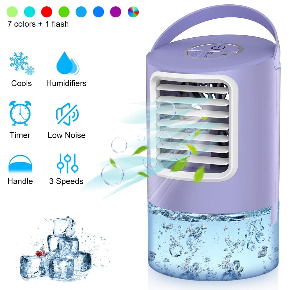 Personal Air Conditioner Fan, 3 IN 1 Personal Space Cooler Desktop Portable Mini Evaporative Air Cooler Misting Fan Air Conditioner 3 Speed 7 Color LED Light Purple for Room, Office, Kitchen--Duomishu