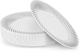 MATANA 20 Premium White Plastic Dinner Plates with Silver Rim, 25cm / 9.8 Inch - Elegant & Reusable Party Plates for Weddings, Birthdays, Picnic, BBQ, Parties