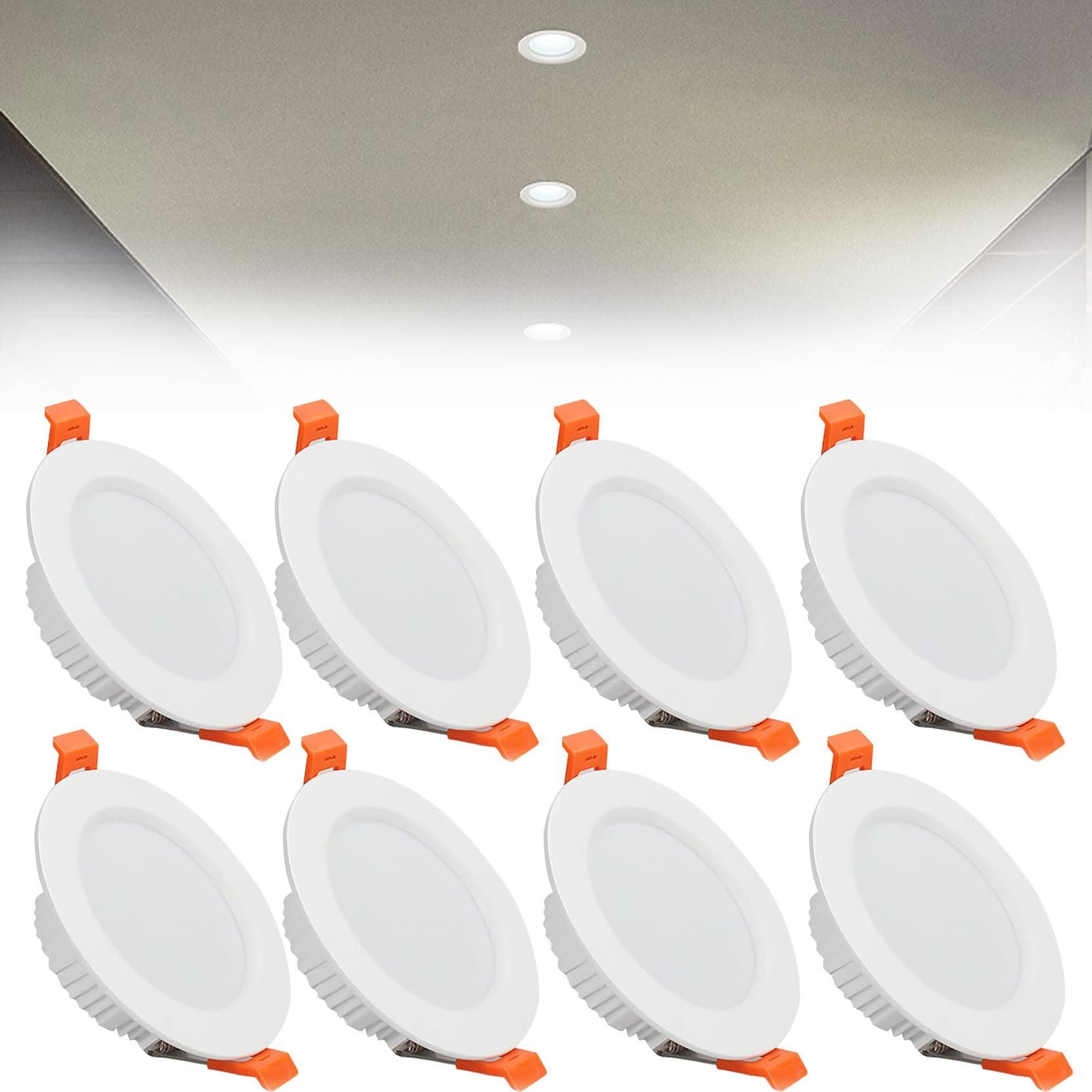 7W LED Recessed Ceiling Spotlights, 6000K Cold White Ultra Slim Panel Light, Cut Φ80-90mm, AC110-240V Round Downlights for Living Room Office, 8 Pack