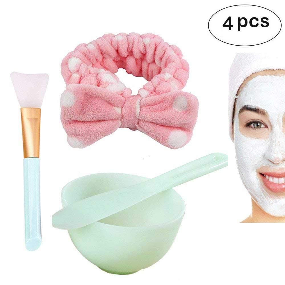 Face Mask Brush Mixing Bowl Set 4 in 1 DIY Facial Mask Mixing Tool Kit with Hair Band Facial Mask Bowl Mask Stick Spatula Silicone Face Mask Brush Lady face Skin Care Mask Mixing Tool Set (Set of 4)