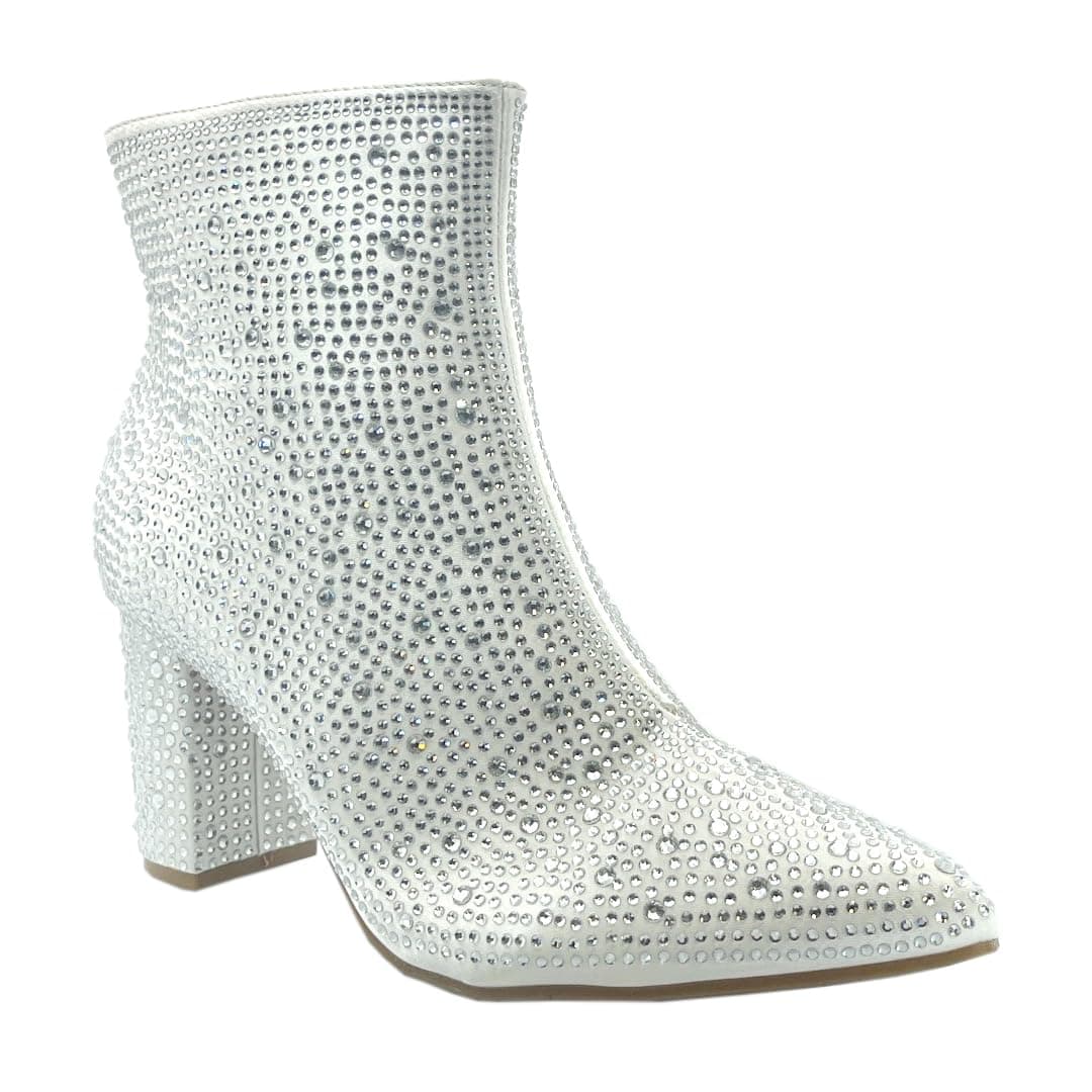 ABSOLEX Women Pointed Toe Rhinestone Block Medium Heel Ankle Booties