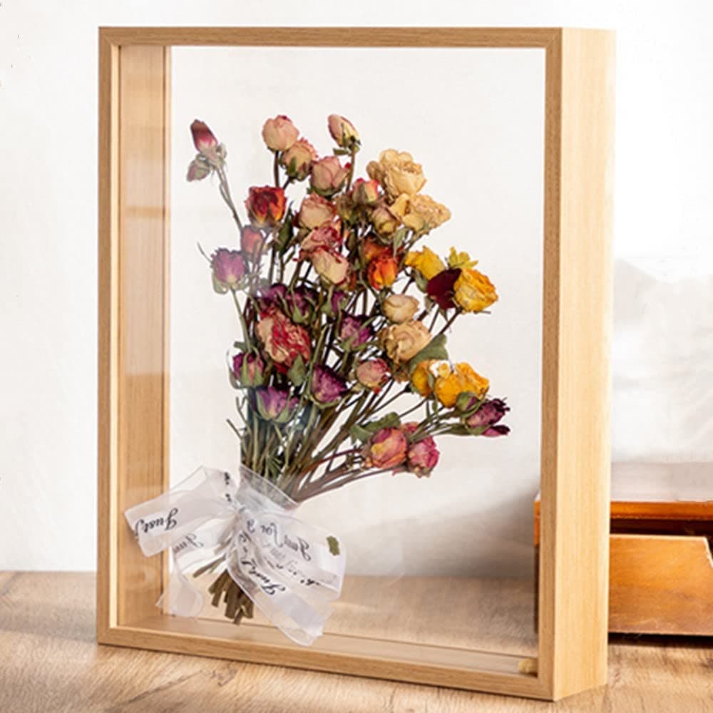 8X10 Floating Frame In Light Oak,Double Glass Picture Display Photo ，Wooden Dried Flower Stand Decorative