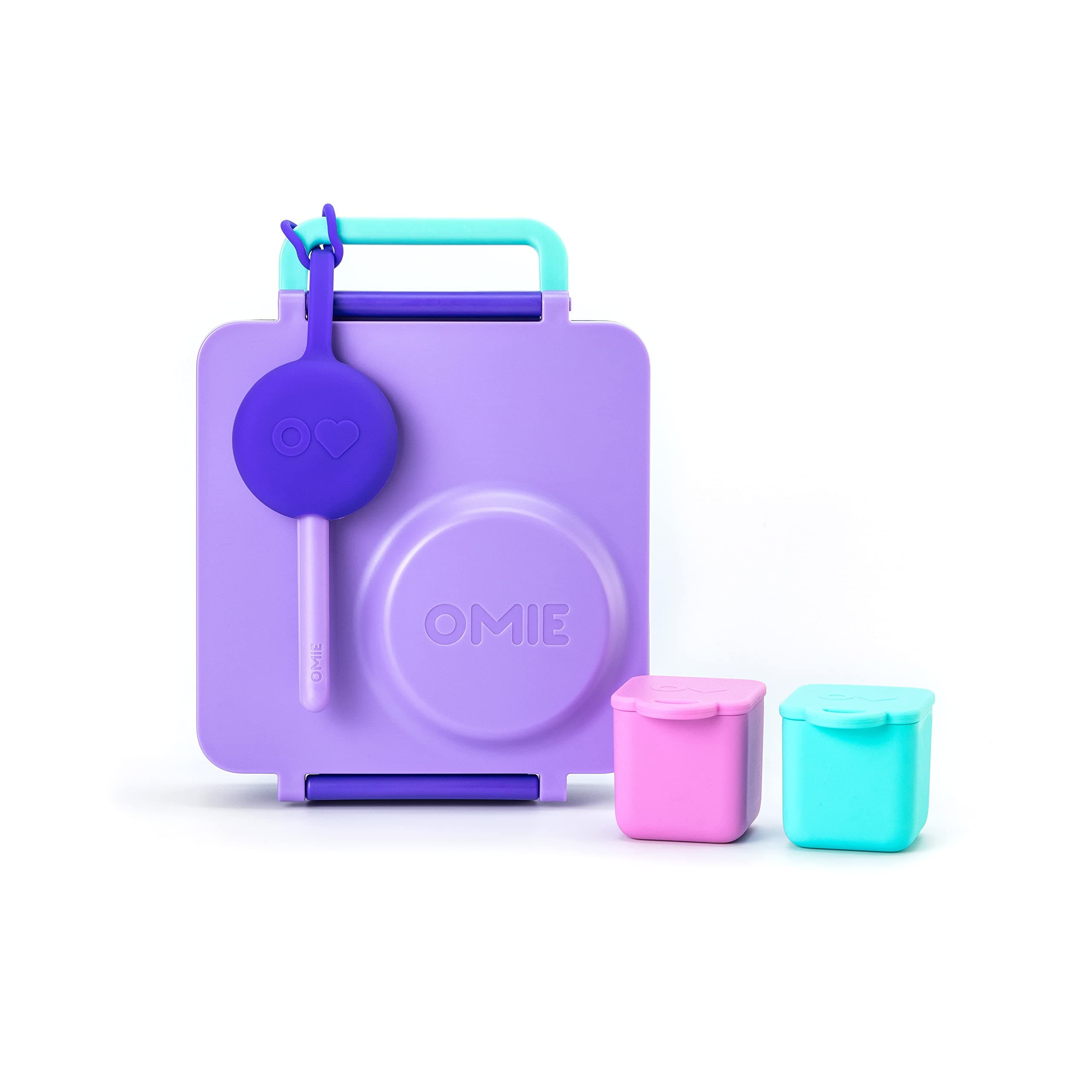 OmieBox Bento Box for Kids + OmieBox (2 pack) Leakproof Dips Containers To Go, Salad Dressing Container + OmieBox Kids Utensils Set with Case - 2 Piece Plastic + OmiePod