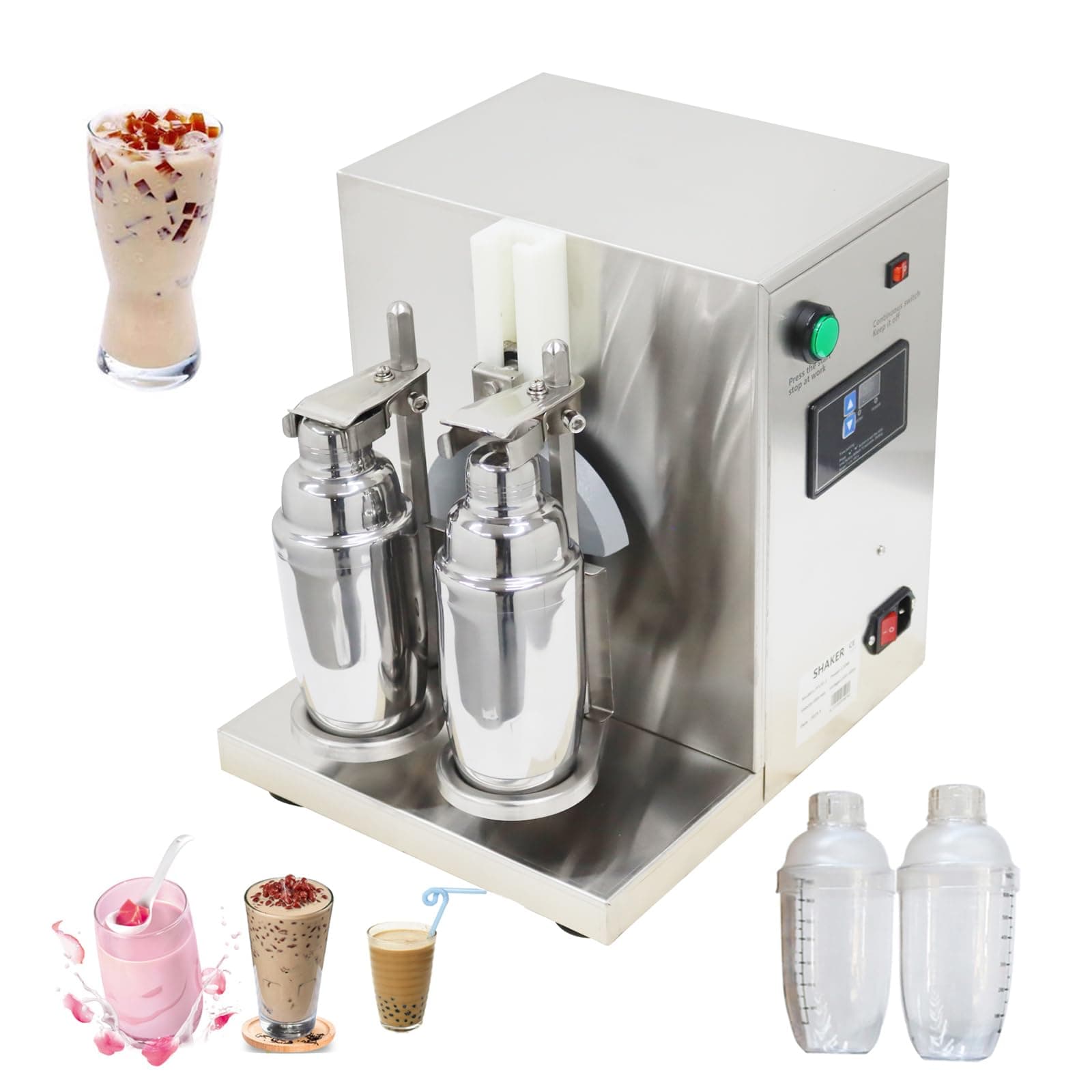 INTBUYING Automatic Milk Tea Shaking Machine 120W Electric Bubble Boba Shaker with Double Stations, 2x750ml Stainless Steel Cups & 2x700ml Plastic Cups, Milk Shake Mixer Machine for Beverages Coffee