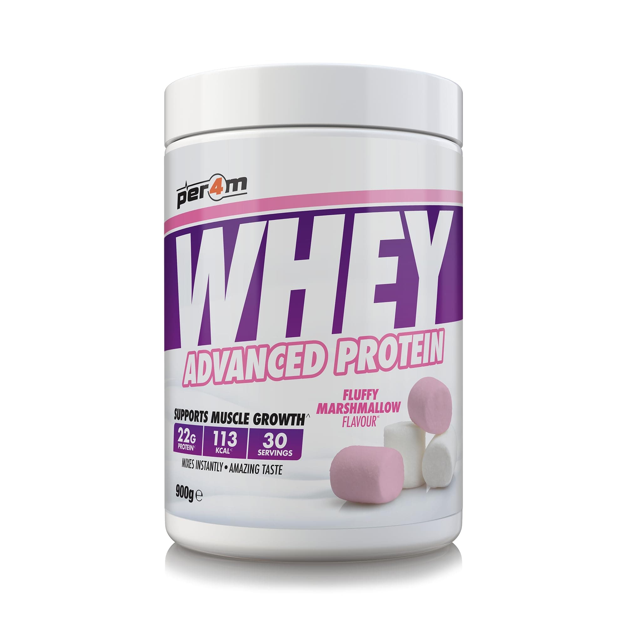 Per4m Whey Protein Powder | High Protein Shake for Muscle Growth & Recovery | Low Sugar Gym Supplement | Sports Nutrition Drink + Amino Acids (900g, Fluffy Marshmallow)