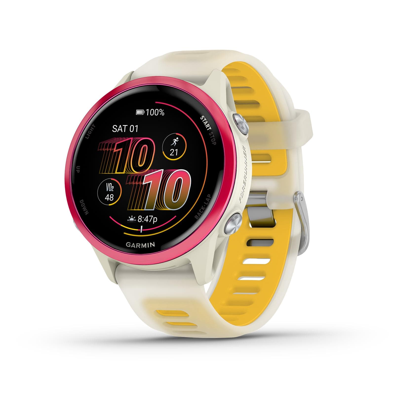 Forerunner® 570, 42mm, Advanced GPS Running and Triathlon Smartwatch, AMOLED Display, Training and Recovery Features, Raspberry Aluminum with Translucent Bone/Mango Band