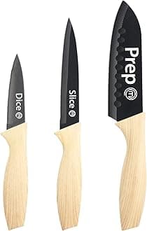 MasterChef Knife Set of 3 Kitchen Knives (Chef, Paring & Utility) Professional, Extra Sharp, Stainless Steel Blades With Non Stick Coating & Wood-Look Soft Touch Grip, Natural Collection 3 Piece