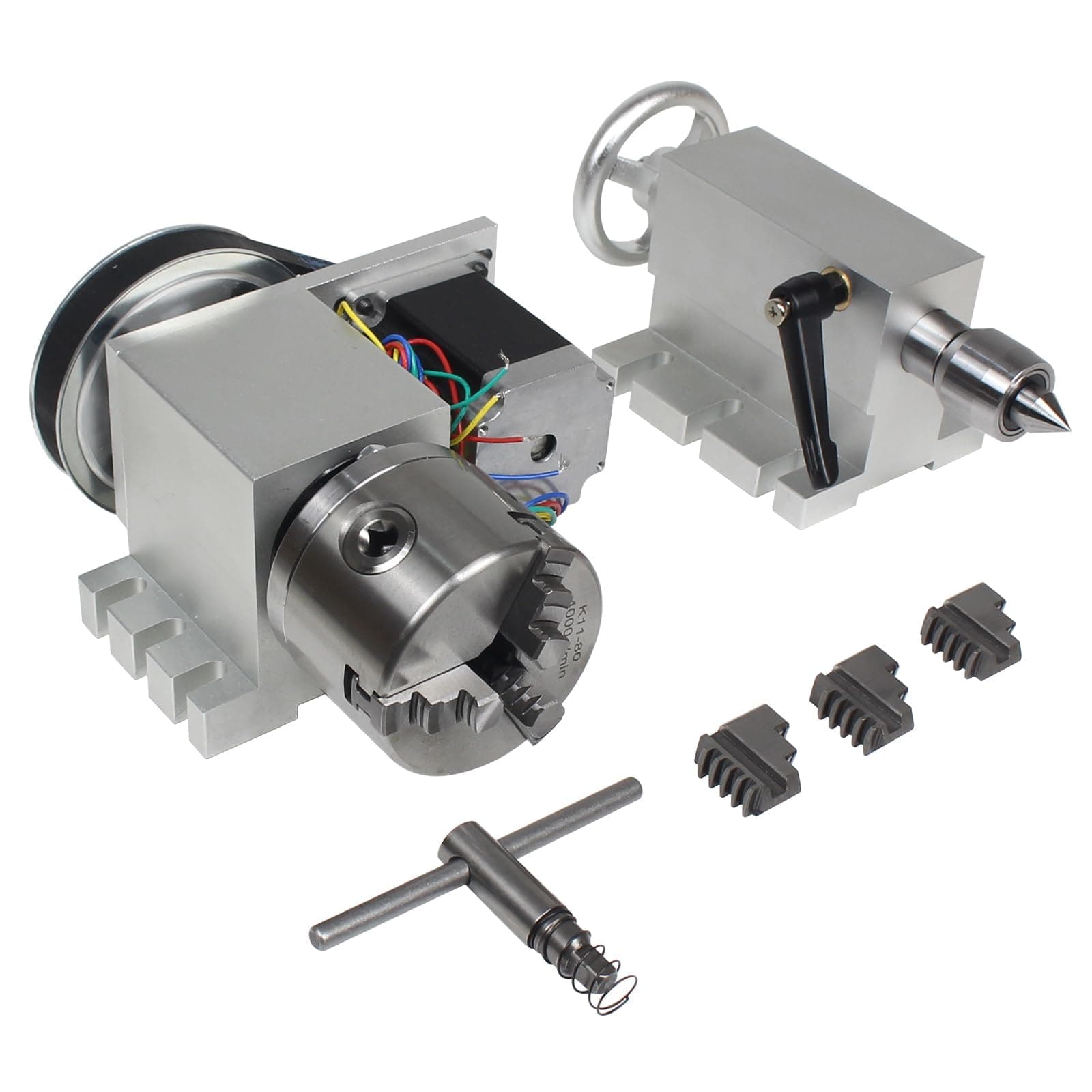 CNC Rotary Axis 4th Axis with 3 Jaw Chuck,CNCTOPBAOS K11-80mm Hollow Shaft Dividing Head Rotational A Axis w/ 65mm Tailstock Reducing Ratio:6:1 for CNC Router Engraving Lathe Milling Machine
