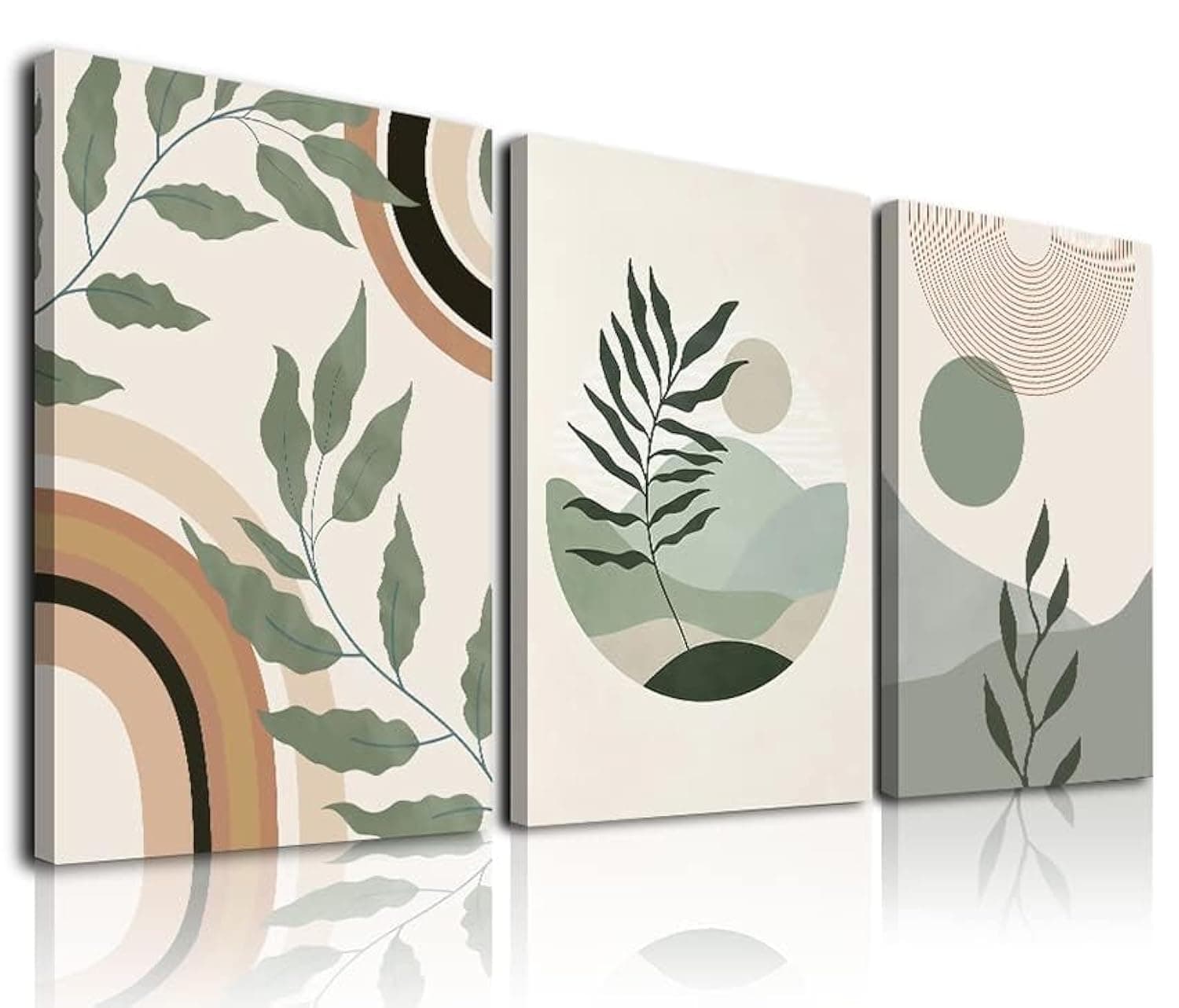 Sage Green Boho Wall Art Set of 3, Boho Room Decor, Mid-Century Modern Wall Art Prints, Framed Neutral Geometric Canvas Prints Green Wall Art Sun Rainbow Leaf Mountain Minimalist Artwork 12" X 16" for