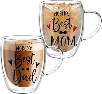 2 Pack Double Walled Coffee Cups for Mom and Dad - 350ml Glass Mugs Set, Glass Tea Cups Gift for Parents, Insulated Latte Glasses with Handles, Heat Resistant Coffee Cup Mum Gifts