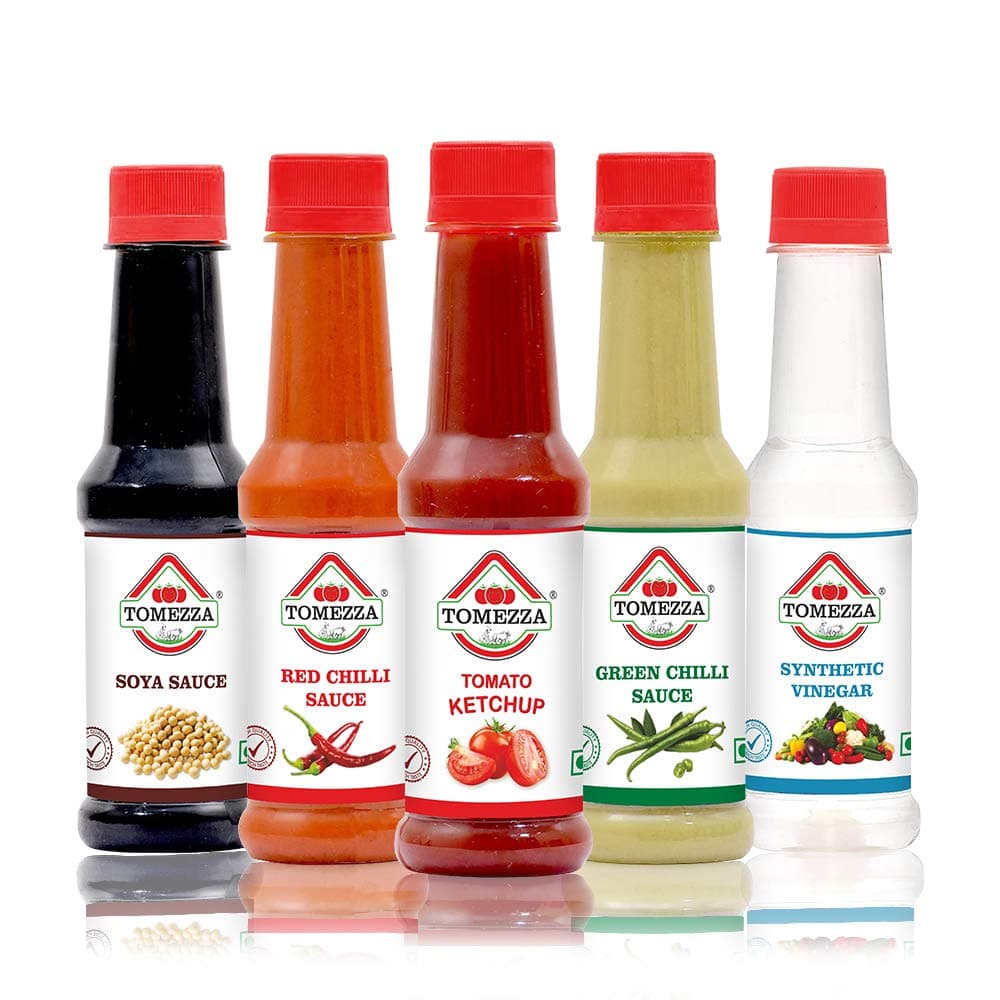 Tomezza Sauces Combo Pack of 5, Tomato ketchup, Red Chilli Sauce, Green Chilli Sauce, Soya Sauce and Synthetic Vinegar, (200g Each)