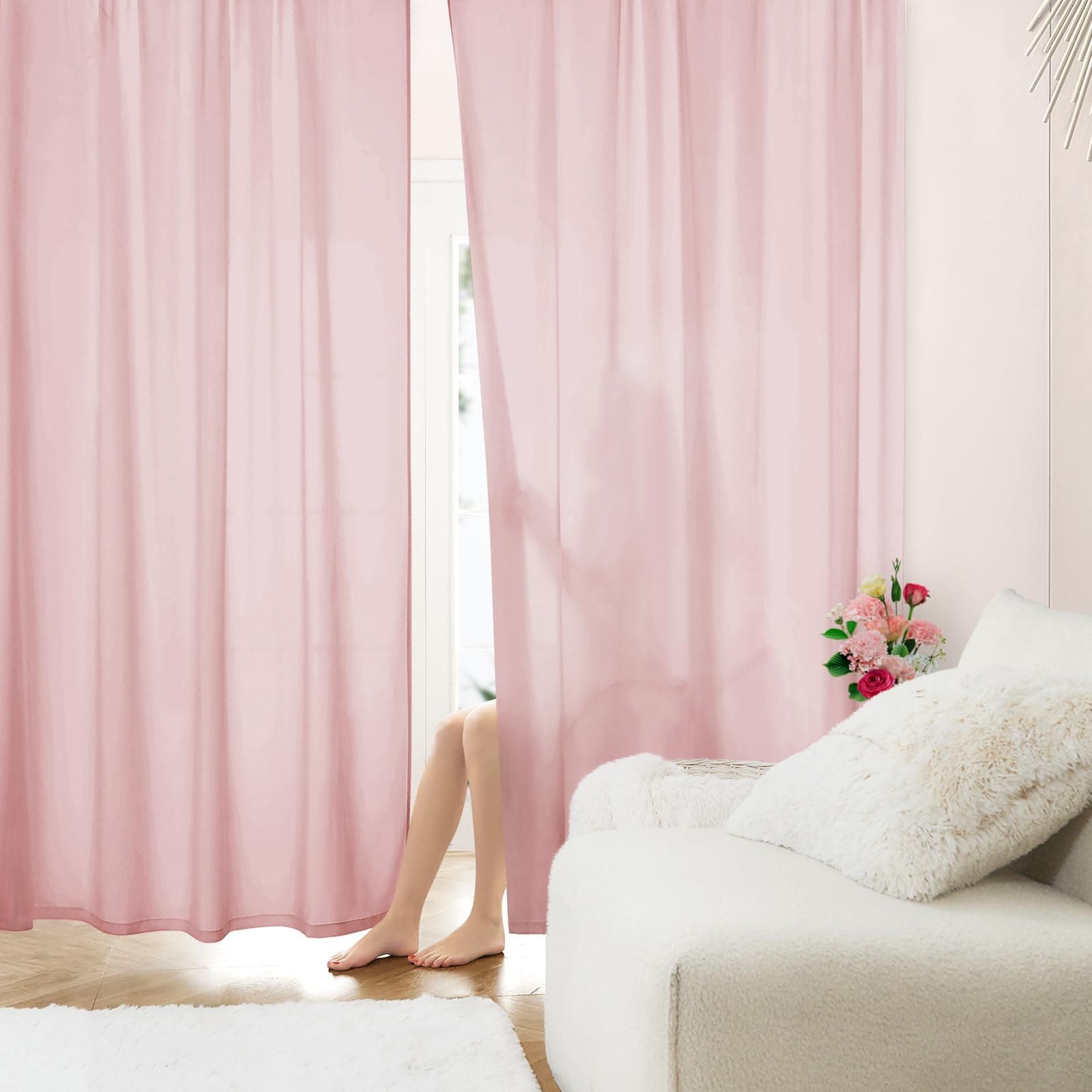 HOMEIDEAS Non-See-Through Light Pink Privacy Sheer Curtains, 52 X 84 Inches Long 2 Panels Sheer Curtains Light Filtering Window Drapes for Bedroom Living Room