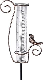 Rain Gauge Outdoor, 7" Glass Rain Gauge with Metal Stake, Decorative Bird Rain Gauge for Yard Garden Lawn Decor