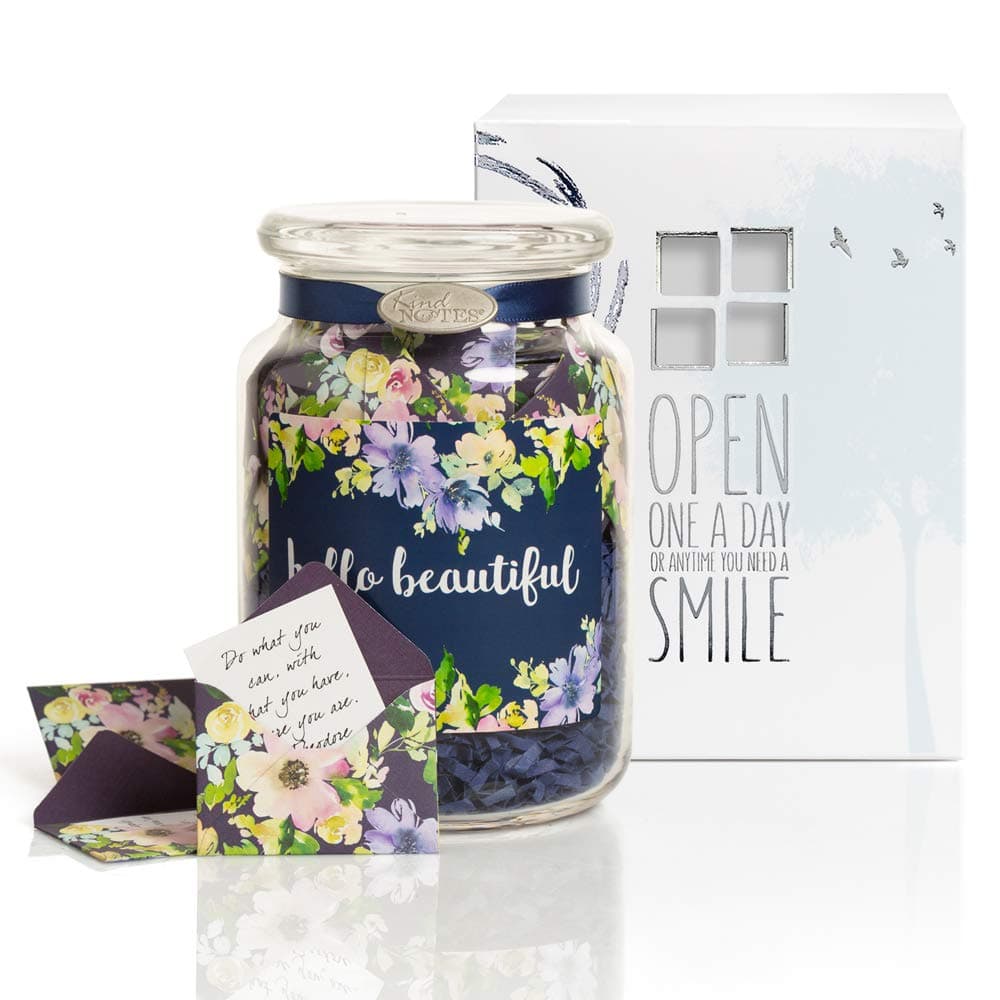 KindNotes Glass Keepsake Gift Jar with Love Messages (for Couples) - Sweet Blossom Hello Beautiful