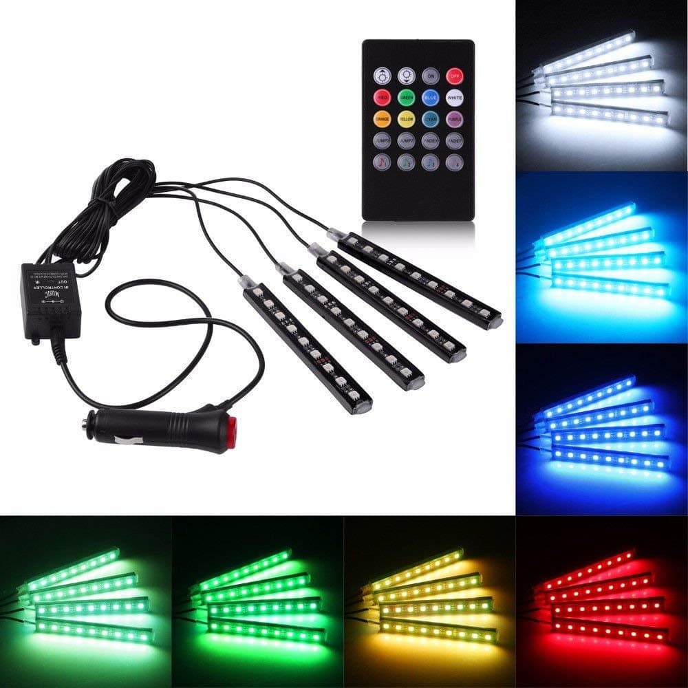 Benjoy 4X 9 LED RGB Car Interior Decorative Light Floor Atmosphere Strip Light Car Under Dash Interior LED Lighting Kit with Sounds Activated Wireless IR Remote Control (6W, Multicolor)