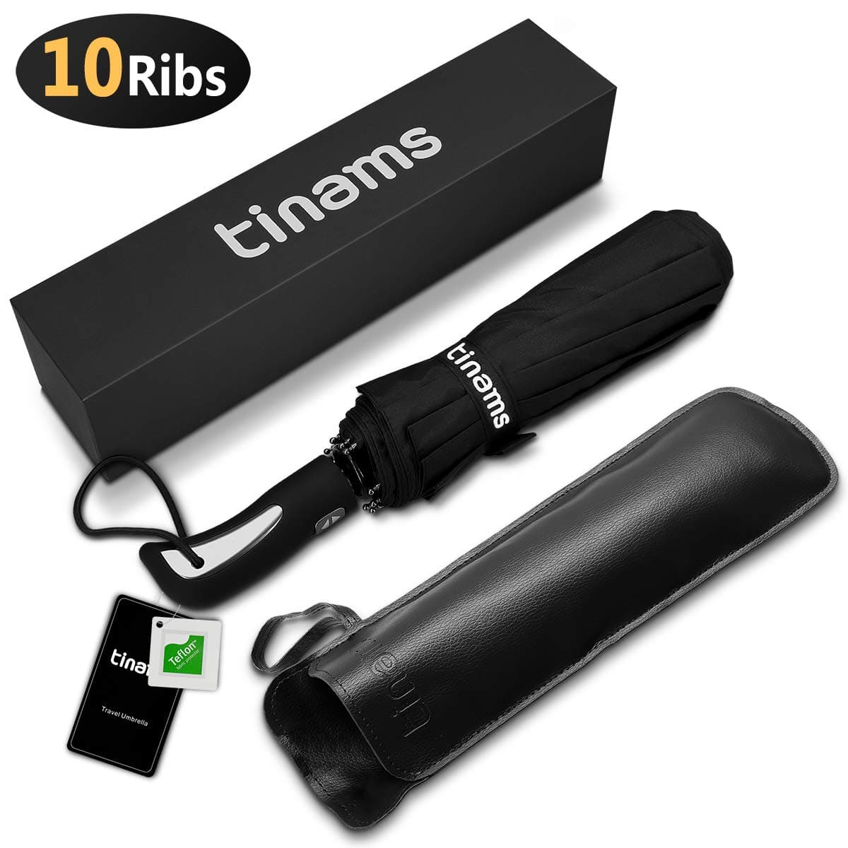 windproof umbrella, Black Automatic Folding 10 Ribs Umbrella with Teflon Coating,Free Leather Cover
