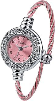 Collections Women's Cuff Watch - Round Analog Display Arabic Numbers 23mm Case Wire Bracelet Watch for Women Elegant Cable Cuff Bangle Wrist Watch