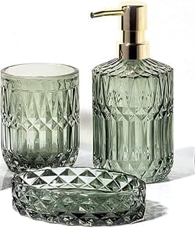 EMPO Bathroom Glass Accessories Set (Lotion Soap Dispenser, Soap Dish, Toothbrush Holder, Tumbler, Cotton Swab Jar) Contemporary Modern Decor Crystal Clear Vintage Gift (3pcs Green)