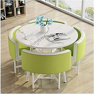 greenRound Dining Table and Chair Set 1 Table and 4 Chairs Vintage Leather Lounge Chair Office Reception Room Negotiating Table Cafe Library Lounge Cocktail Table