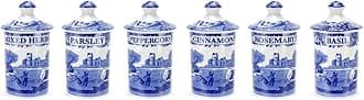 Blue Italian Spice Jars | Set of 6 | Beautiful and Functional Kitchen Décor | Made of Fine Porcelain | 4 Inch Seasoning Storage Jars | Dishwasher Safe