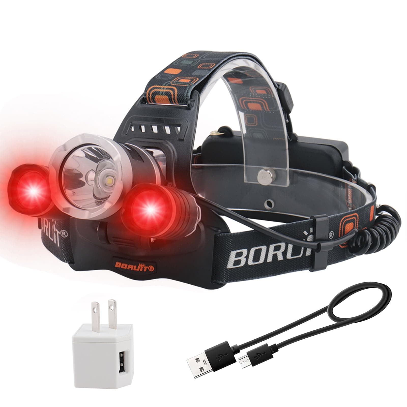 RJ-3000 LED Rechargeable Headlamp,3 Modes White and Red LED Hunting Headlamps,Super Bright Tactical Flashlight Red Light Head Lamp for Running Camping Hiking Fishing