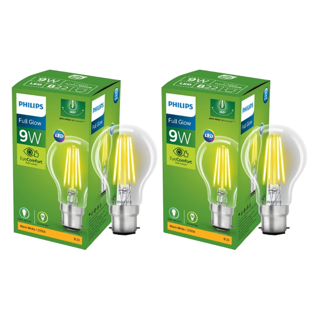 Philips Full Glow 9-watt B22 Clear LED Bulb | Warm White, Pack of 2
