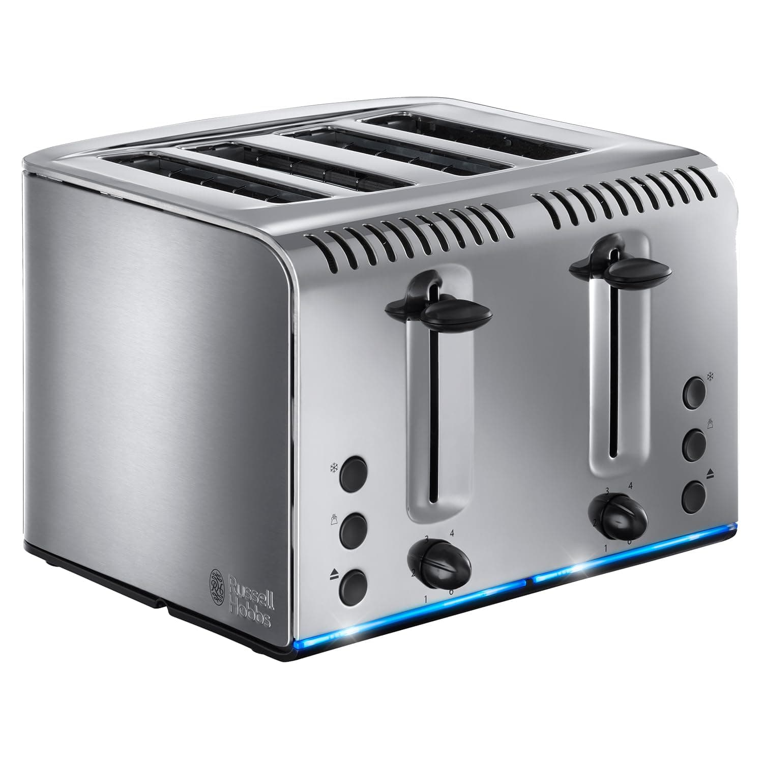 Russell Hobbs 4 Slice Buckingham Toaster with Fast Toast Technology - (Blue Light Strip indicates Toasting, Independent & Extra Wide Slots, 2400W, Polished & Brushed Stainless Steel) 20750
