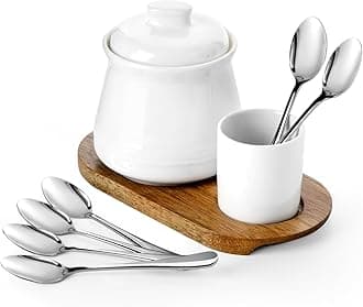 Nucookery Porcelain Sugar Bowl with Lid and Spoons, 14 oz. Large Sugar Container for Coffee Bar, Elegant Sugar Bowl Set with Stainless Steel Spoons (White, Silver Spoon)