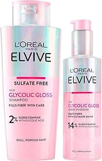 L'Oréal Paris Elvive Glycolic Gloss Glycolic Acid Shampoo 200ml + Leave-In Serum for Porous and Dull Hair Intense and Long-Lasting Shine 150ml - 2 Bottles