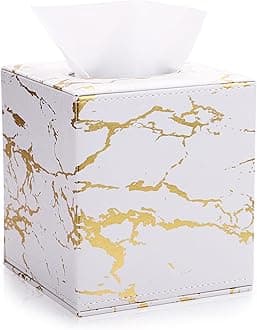 Sumnacon Square Leather Tissue Box Cover - Stylish Cube Tissue Box Holder with Magnetic Bottom, Decorative PU Tissue Box for Vanity Dresser Night Stand Table Countertop Home Office Car, Marble Gold