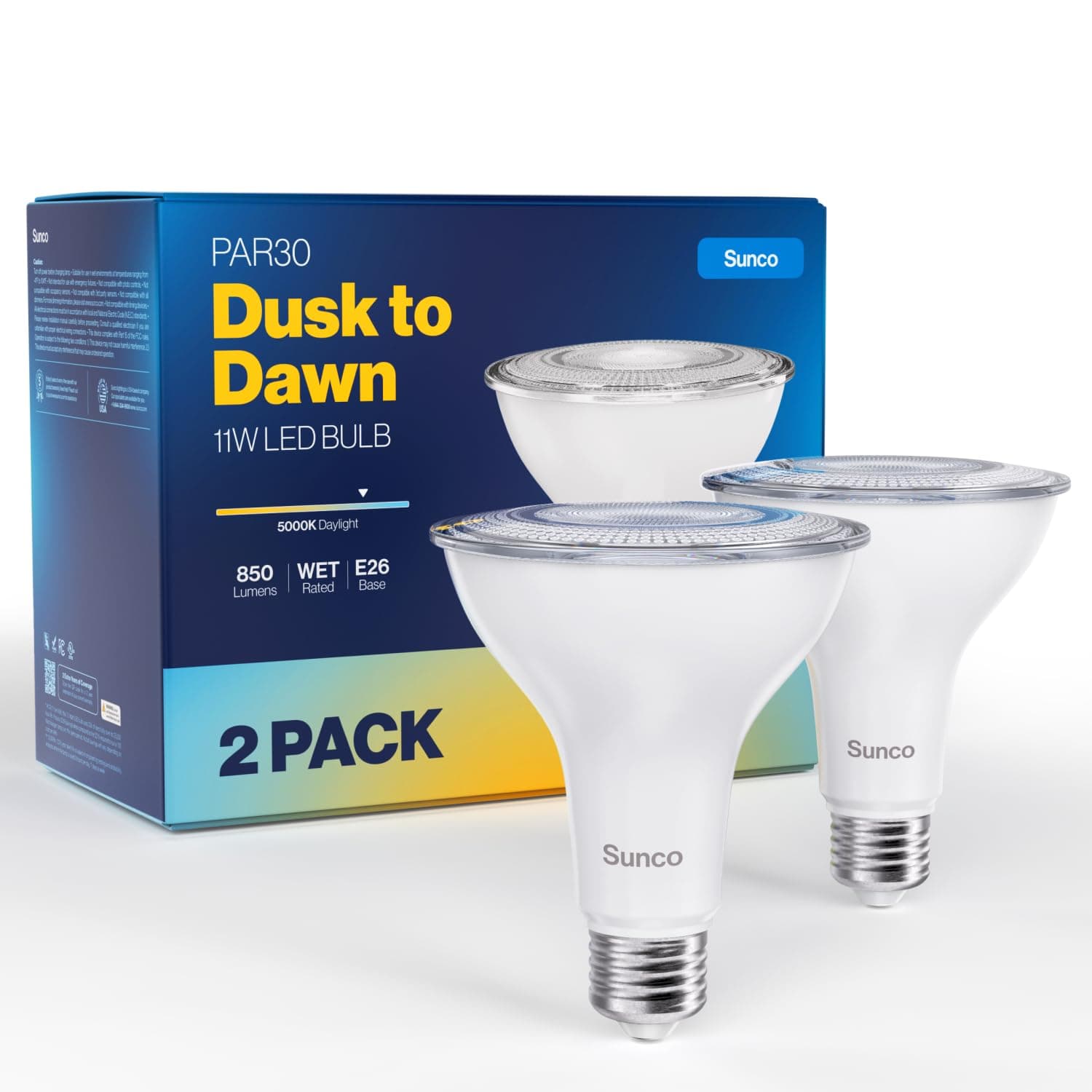 Sunco 2 Pack PAR30 LED Dusk to Dawn Light Bulbs, 850 Lumens, 11W, 5000K Daylight, Non-Dimmable, E26, Wet Rated Outdoor Flood Light Bulb with Photocell Sensor, for Porch, Patio, Backyard, UL