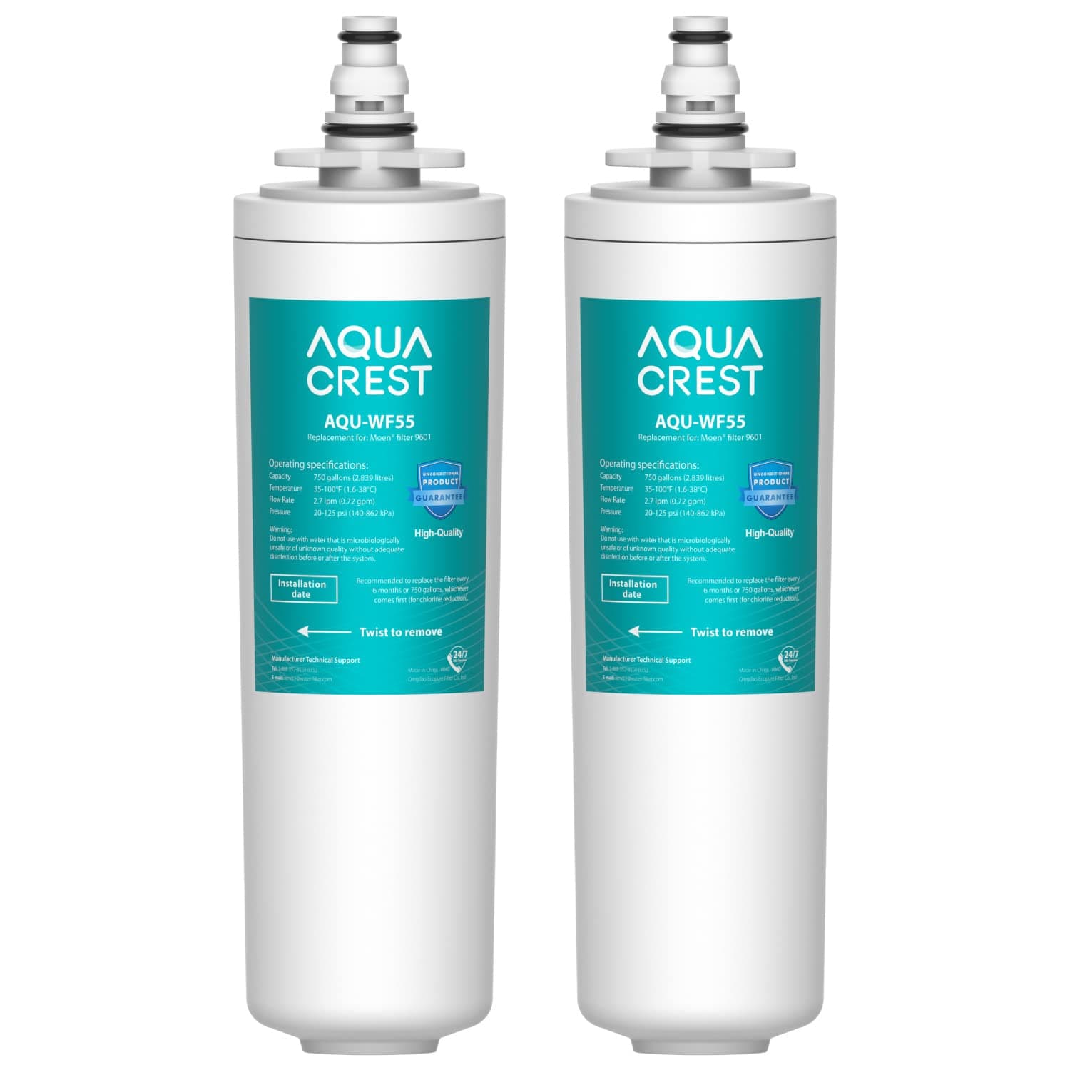 AQUACREST 9601 Water Filter, Model No.AQU-WF55. Replacement for Moen 9601 ChoiceFlo 9600, 9602, 9500, 9501, 9502, Fits F87400, F7400, F87200, 77200, CAF87254, S5500 Series of Moen Faucets (Pack of 2)