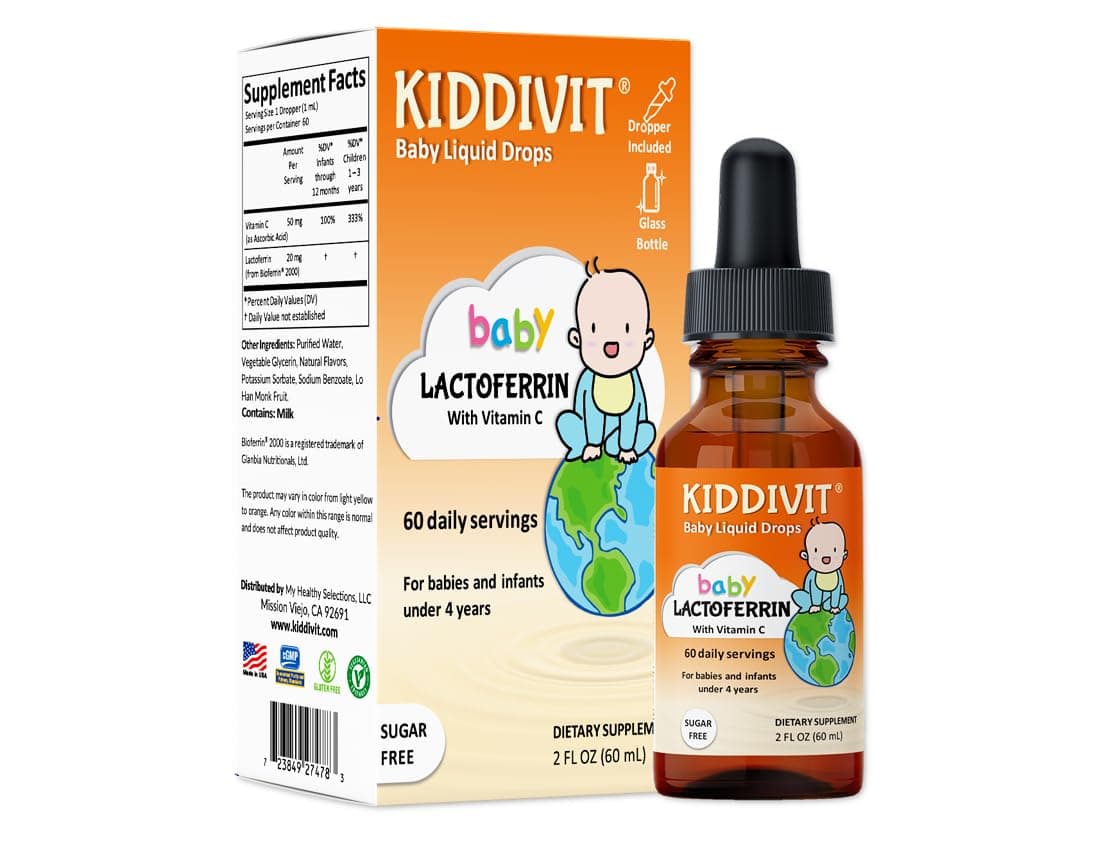 Kiddivit Baby Lactoferrin Liquid Drops – Gentle Immune Support Supplement – 100mg Formula with Prebiotic Inulin – 60 Daily Servings – Sugar Free, Gluten Free, Vegetarian, 2oz