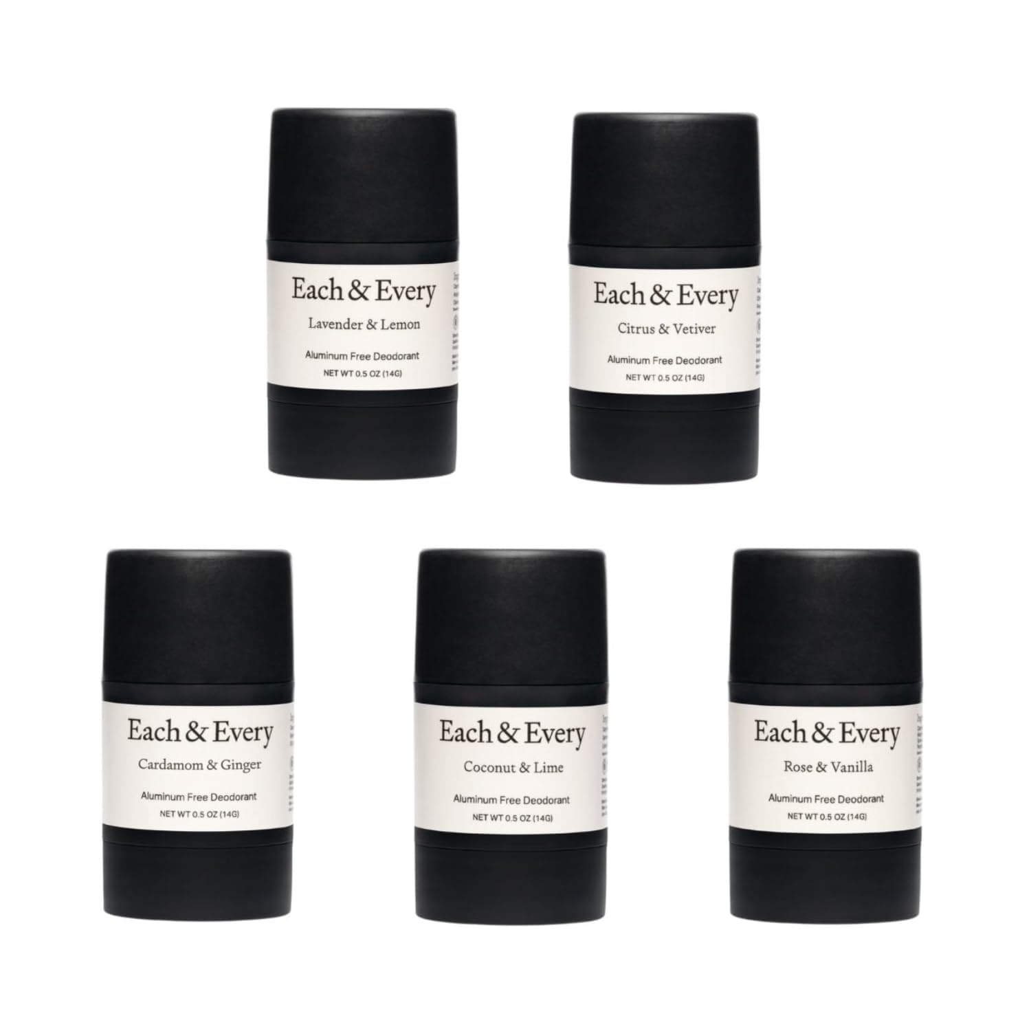 Each & Every 5 Minis Deodorant Starter Set | Aluminum-Free and EWG Verified | Sensitive-Skin Friendly, Free of Baking Soda and Alcohol, Plant-Based Packaging | (0.5 oz, Pack of 5)