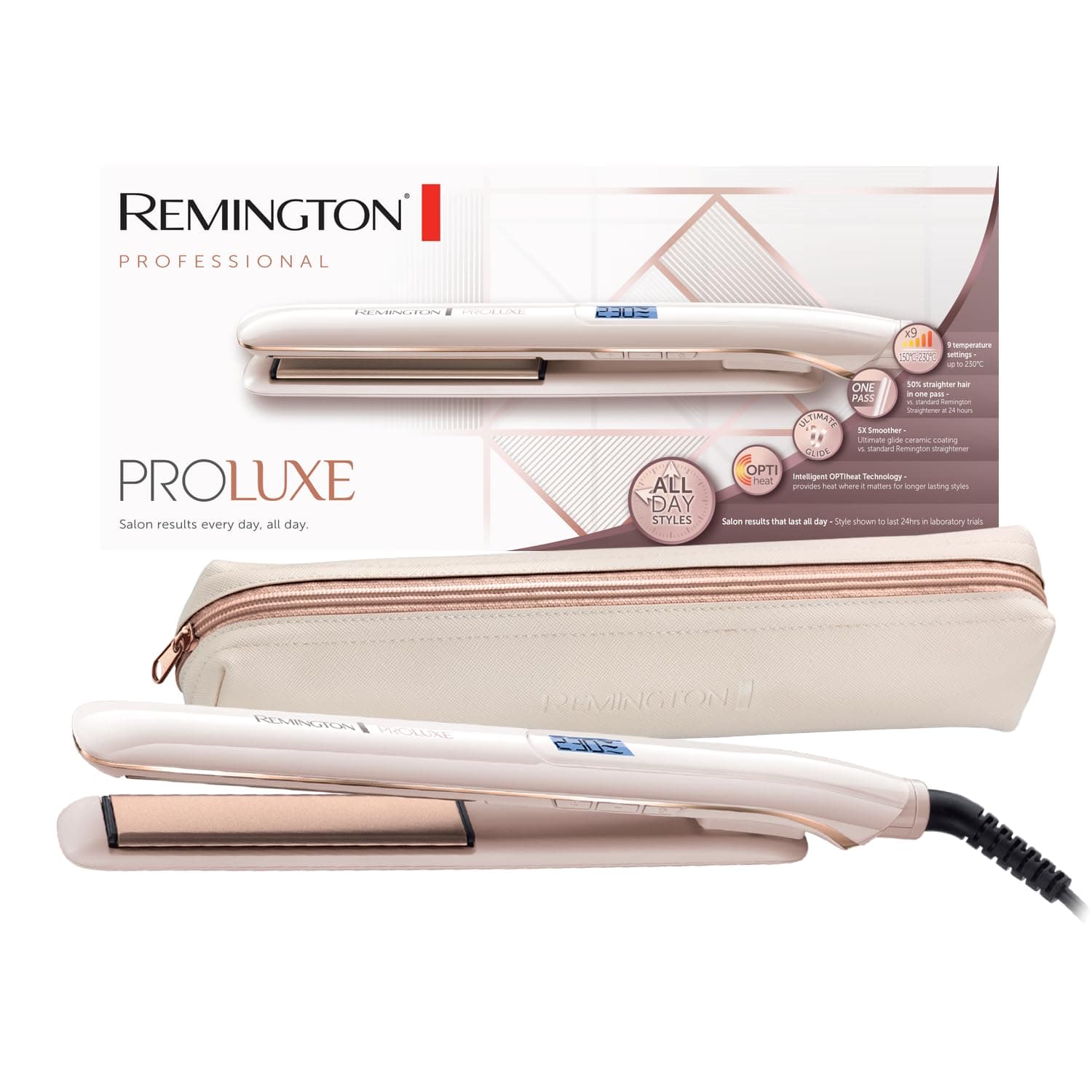 Remington Proluxe Ceramic Hair Straighteners with Pro+ Low Temperature Protective Setting, Rose Gold - S9100