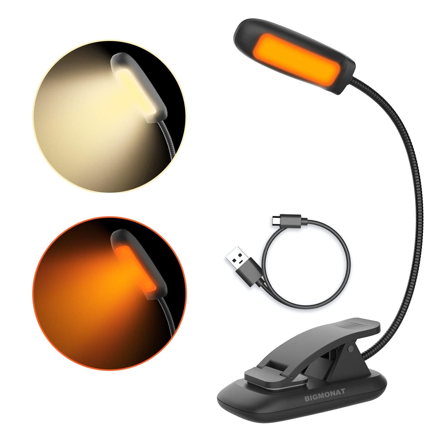 BIGMONAT Led Book Reading Light, Rechargeable Amber Book Night Light, Portable Bendable Neck, USB, Brightness Adjustable, Reduces Eye Strain, Black