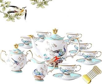 ACMLIFE Fine Bone China Tea Set with Teapot, Porcelain Tea Sets for Adults, 21-Piece Vintage Tea Set for 6, 24K Gold Blue English Floral Bone China Tea Sets for Women Tea Party for Christmas Gifts