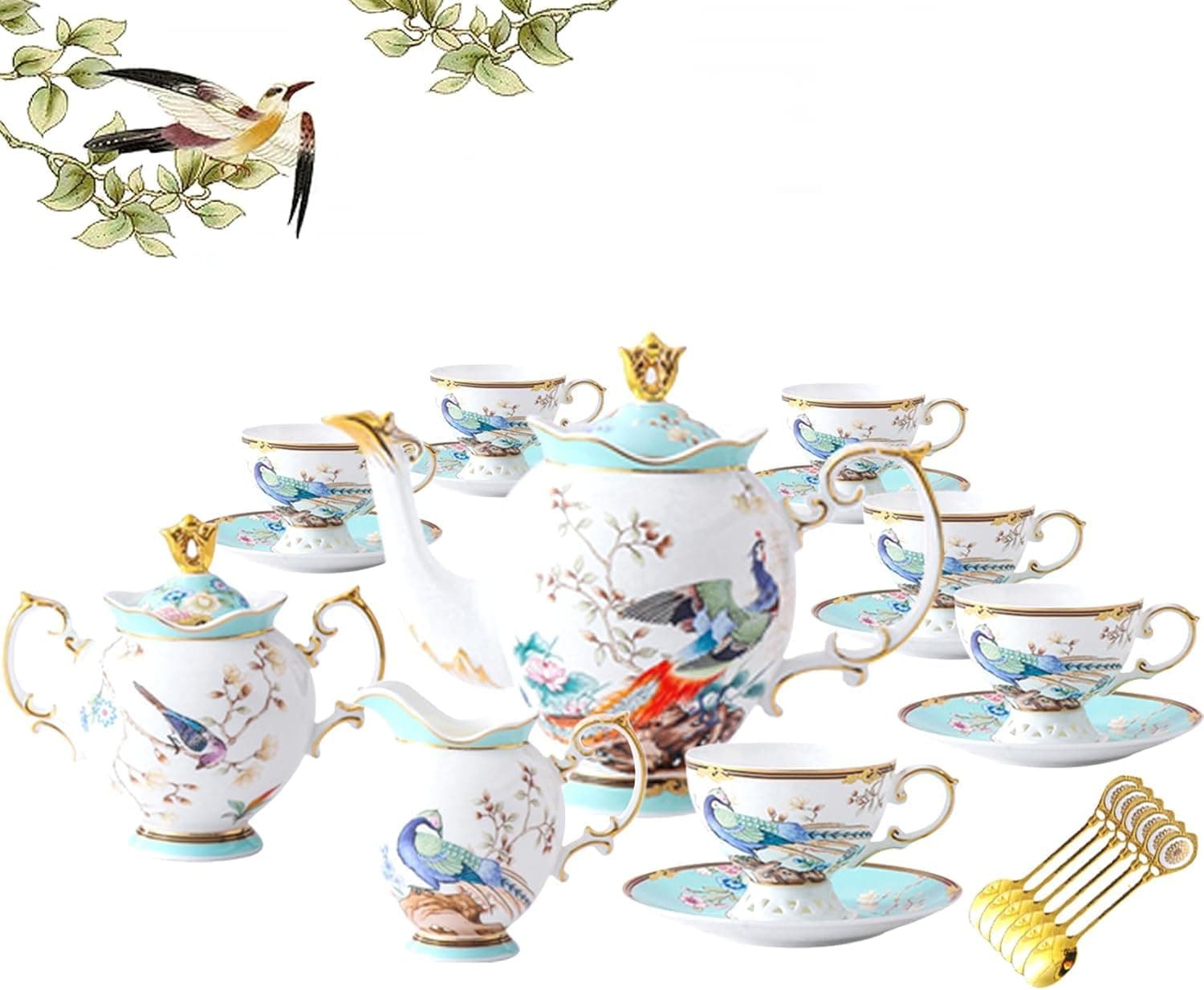 ACMLIFE Fine Bone China Tea Set with Teapot, Porcelain Tea Sets for Adults, 21-Piece Vintage Tea Set for 6, 24K Gold Blue English Floral Bone China Tea Sets for Women Tea Party for Gifts
