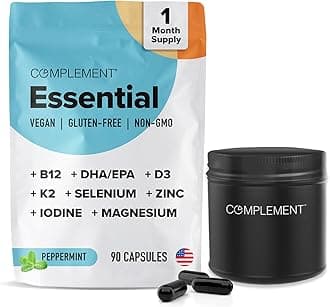 Complement Essential Vegan Multivitamin for Women & Men (30 Servings, 90 Count) Includes Jar- Omega 3 DHA+EPA, B12, Vitamin D3 K2, Zinc, Selenium, Magnesium, Iodine Supplement - Immune Support