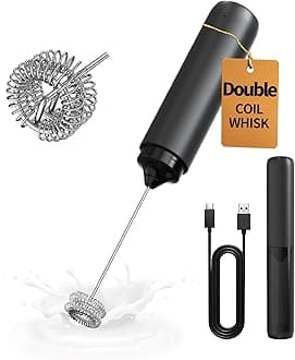 CIRCLE JOY Rechargeable Milk Frother Hanheld, Dual Coil Whisk Head Electric Coffee Frother, Portable Hand Frother Wand Drink Mixer for Matcha Lattes Cappuccino, Kitchen Gifts, Black