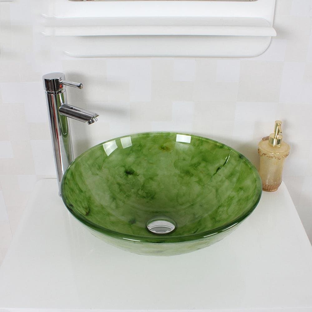 Sunny key |Tempered glass basin :Faux jade Jadeite patterned tempered glass vessel sink basin faucet set