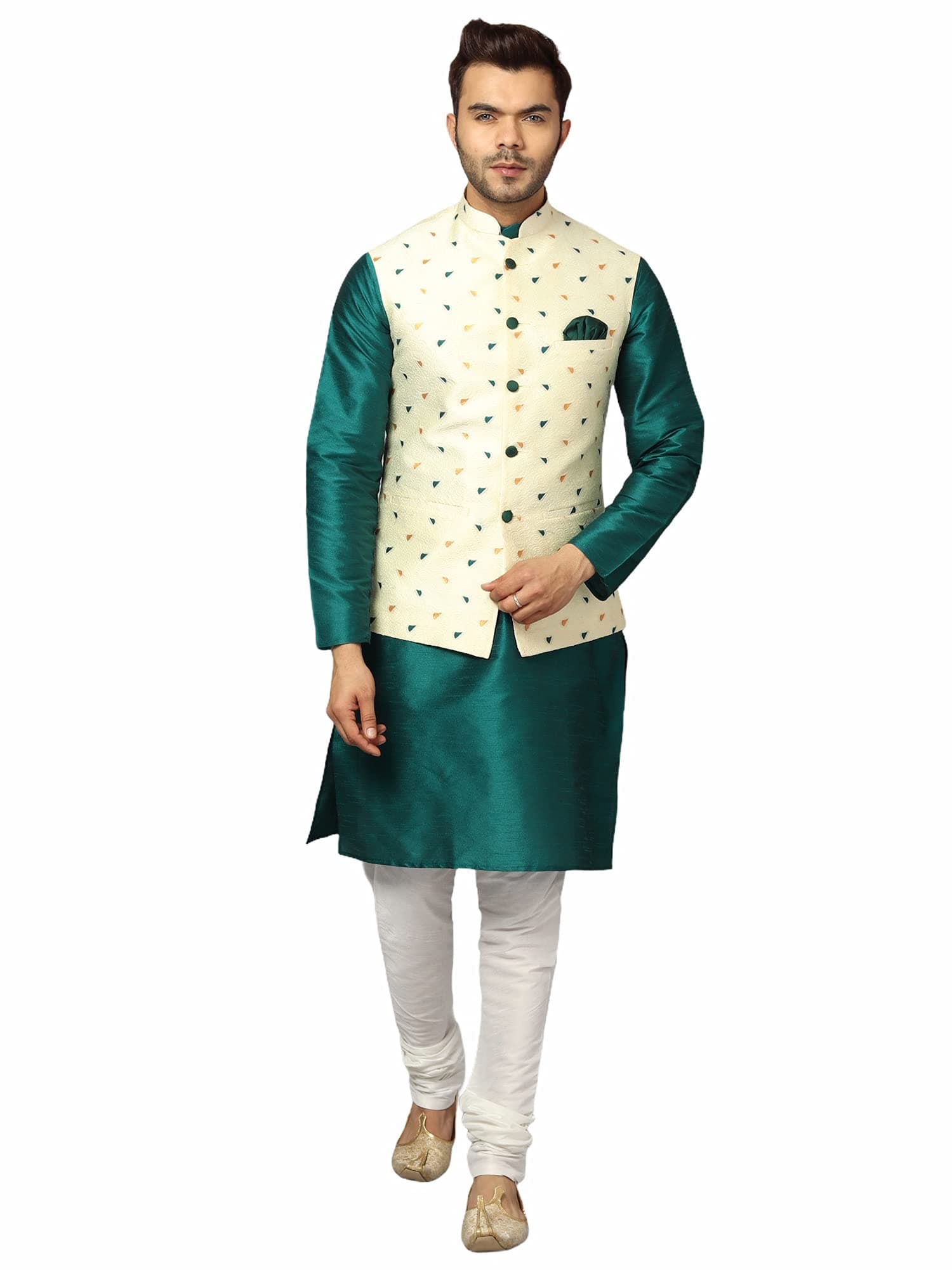 Uri and MacKenzie Men's Silk Blend Regular Kurta Churidar Pyjama with Bundi Nehru Jacket/Waistcoat