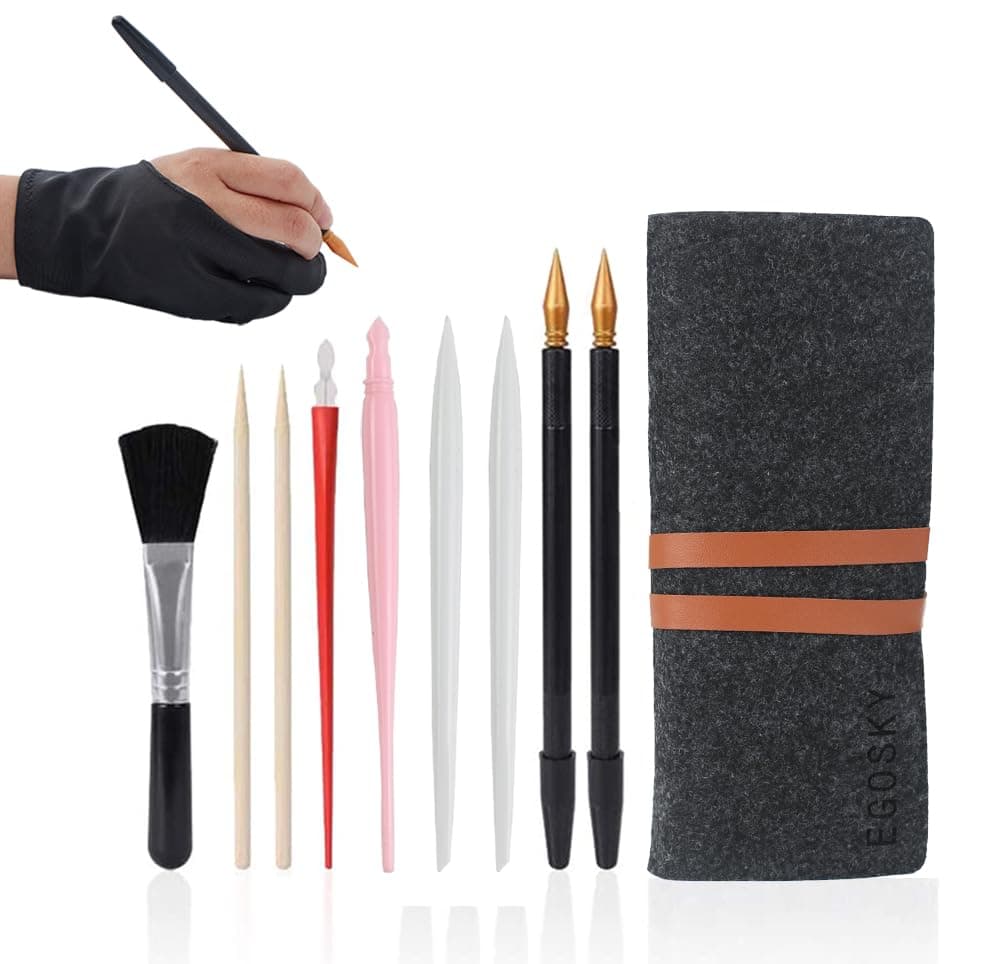 Scratch Painting Art Tool, 11 Pieces Scratching Drawing Tool Set, Including Artist Glove, Tool Bag, Scratch Coloring Pens, Plastic and Wooden Stylus, Scraper, Clean Brush