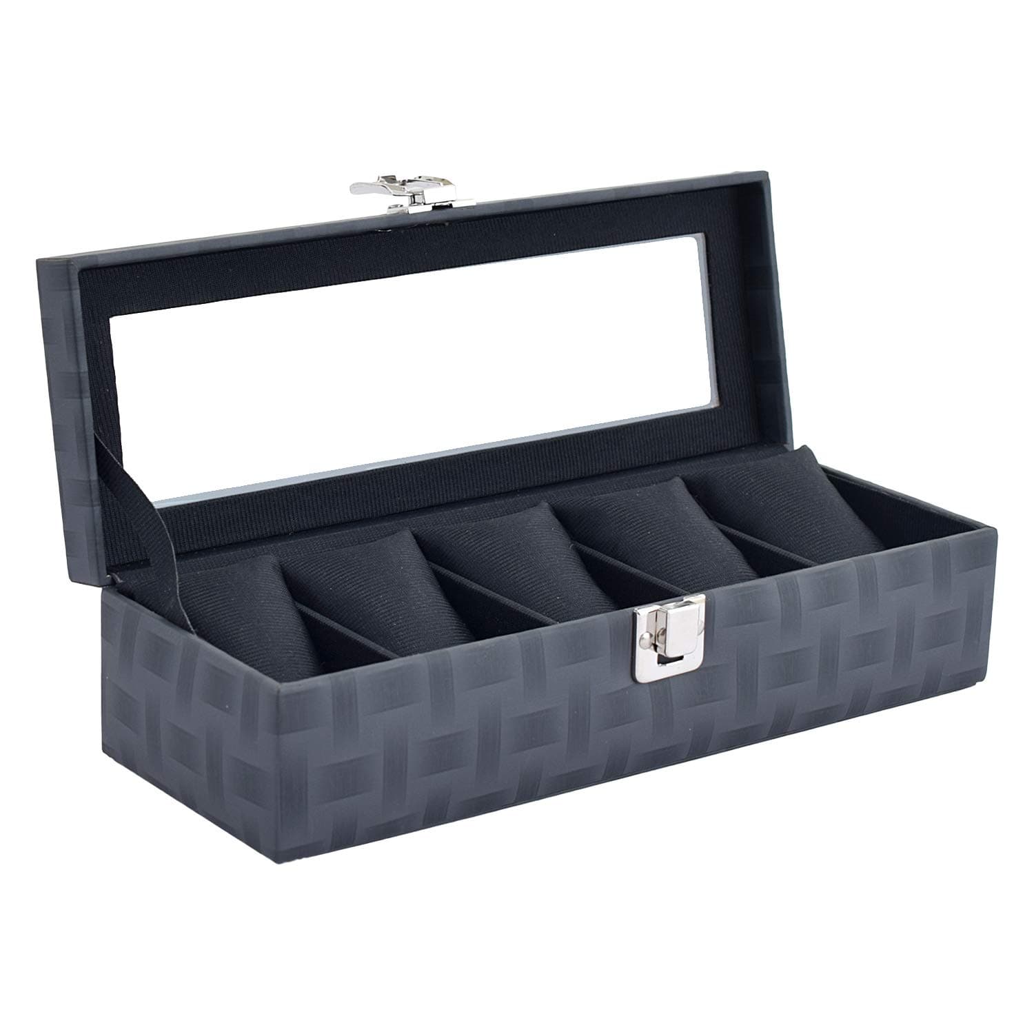 PU Leather Black Colour Check Finish Transparent Watch Box for 5 Watches