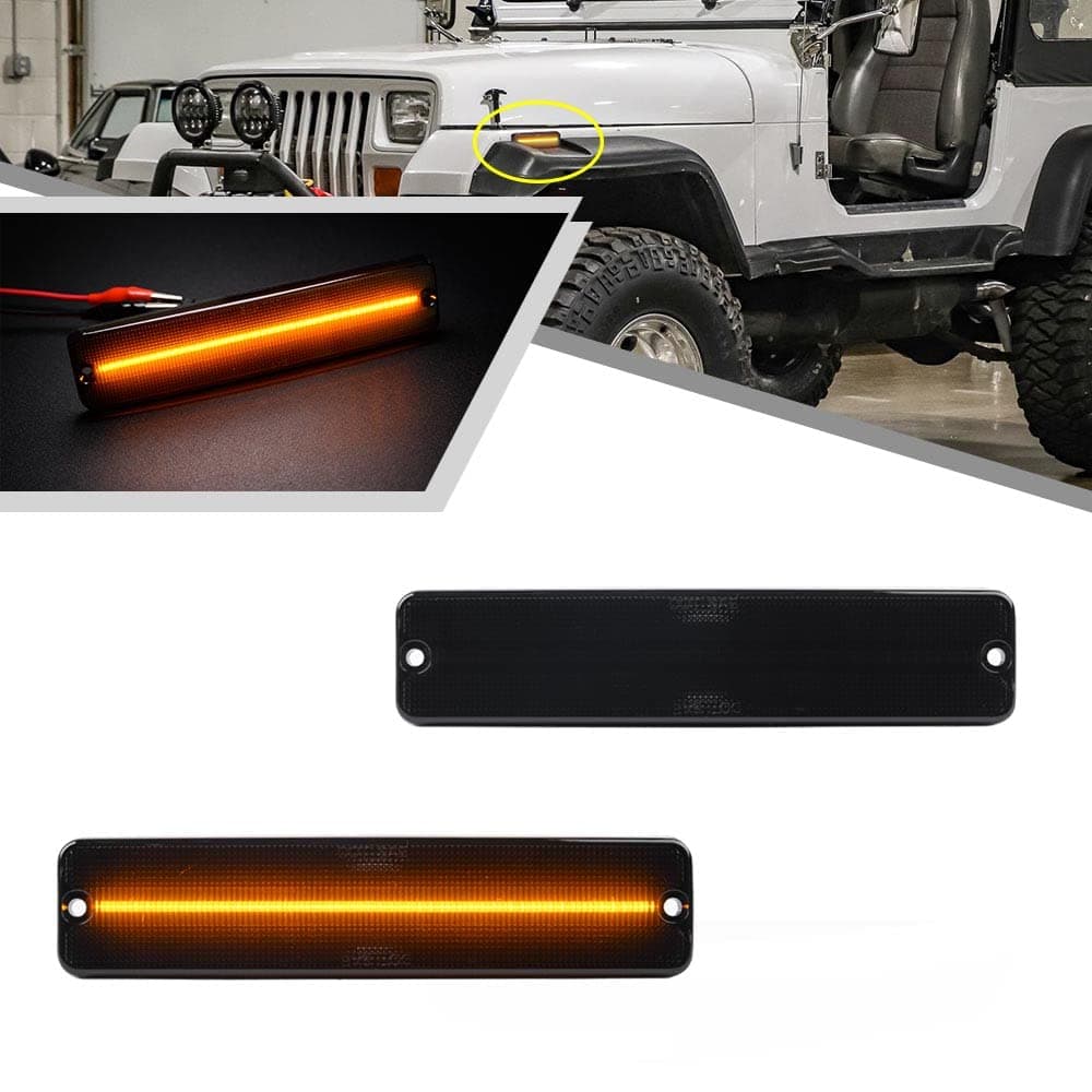 2Pcs Amber LED Side Marker Light for J'eep Wrangler YJ 1987-1995 Indicatior Turn Signal Lights Replace OEM Side Marker Lamp Smoked Lens 56001424