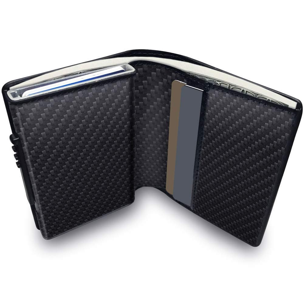 DlifeWallet with Money Clip RFID Blocking Wallet, Minimalist PU Leather Mens Card Wallet, Credit Card Holder, Contactless Credit Card Protector Automatic Pop-up Card, Z-carbon Black