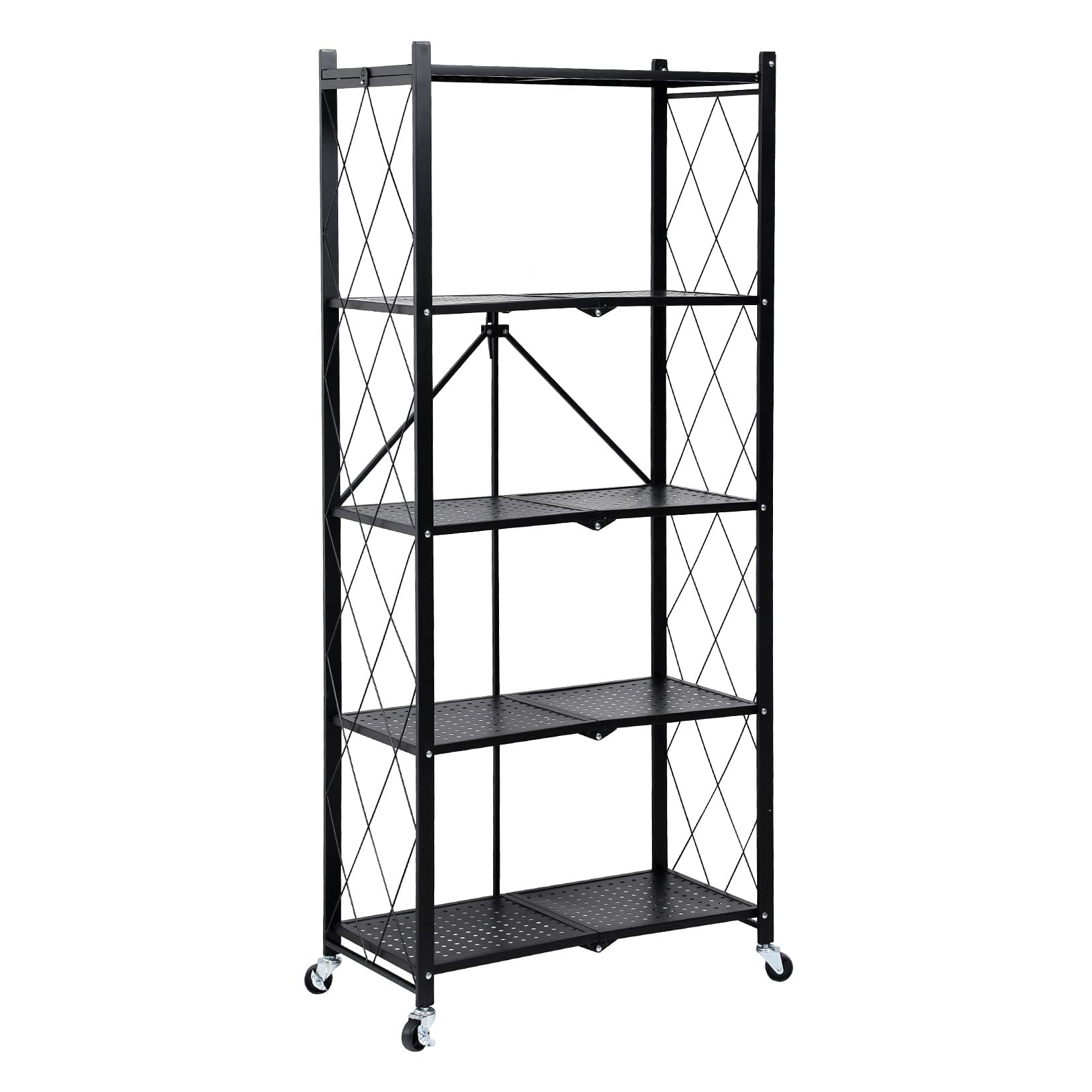 HealSmart5-Tier Heavy Duty Foldable Metal Rack Storage Shelving Unit with Wheels Moving Easily Organizer Shelves Great for Garage Kitchen Holds up to 1250 lbs Capacity, Black