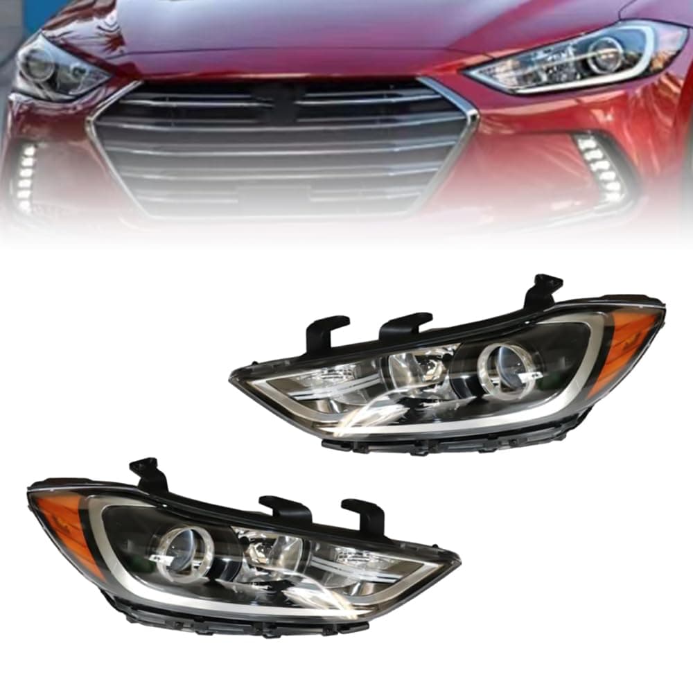 For 2017 2018 Hyundai Elantra SE | SEL | Value Edition Halogen Headlights Head Lamps Assembly Driver and Passenger Side Black Housing Replaces 92101F3000 92102F3000 HY2502206 HY2503206